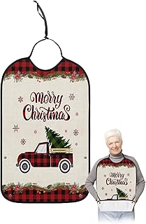 BOBOWUNY Christmas Truck Adult Bibs for Elder Women Men Eating, Xmas Tree Snowflake Red Black Plaid Waterproof & Washable Bibs for Eating Clothing Protector Dining Bibs for Crumb Catcher