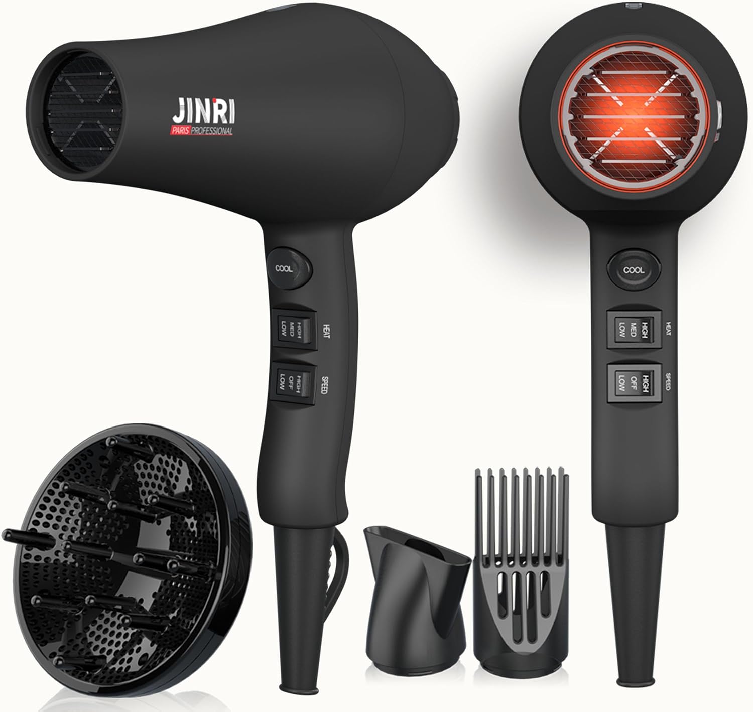 JINRI Hair Dryer, 1875W, 3 Heat & 2 Speed, with Diffuser, with Concentrator, Ionic Technology & Infrared - Black, Detachable Air Intake, Hanging Strap, Non-Foldable, 125V, JR-104