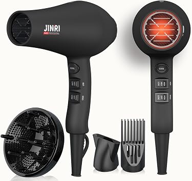 JINRI Hair Dryer, 1875W, 3 Heat & 2 Speed, with Diffuser, with Concentrator, Ionic Technology & Infrared - Black, Detachable Air Intake, Hanging Strap, Non-Foldable, 125V, JR-104