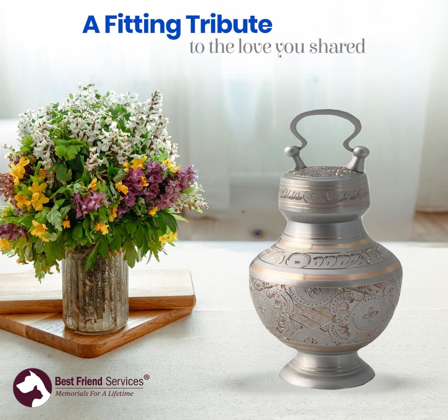 Elinora Legacy Series Pet Urn for Dogs, Handmade Brass Memorial Cremation Urn (Medium - Pets up to 65 lbs, Silver)
