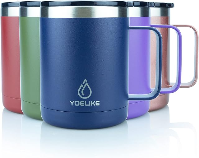 Yoelike Stainless Steel Coffee Travel Mug with Handle and Lid, 410ml/14oz Vacuum Insulated Mug, Leak Proof, Powder Coated, Thermo Camping Coffee Cup for Tea Hot Cold Drinks Office Outdoor Navy Blue