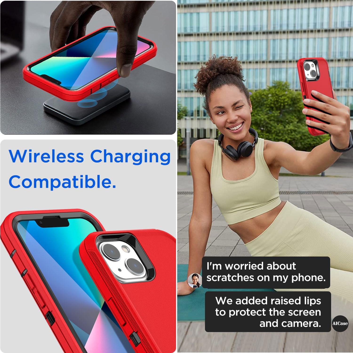 AICase for iPhone 13/iPhone 14 Case(6.1'') with Glass Screen Protector,Heavy Duty Drop Protection Full Body Rugged Shockproof/Dust Proof Military Protective Tough Durable 13/14 6.1''_3, Red Protector - Image 5