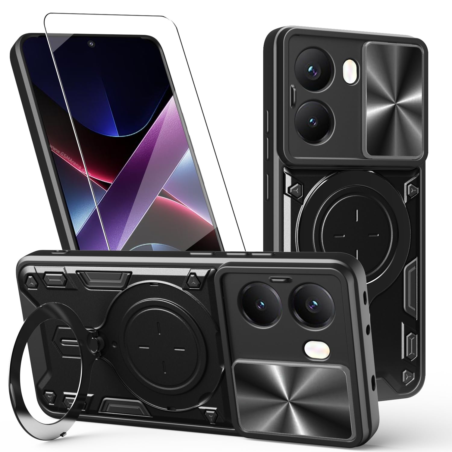 ZMONE for Xiaomi Poco X7 Pro 5G Case Cover with Screen Protector, Built Slide Camera Protection Cover,Military Heavy Duty Protective Phone Case - Black