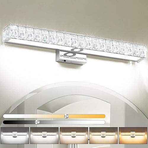 SOLFART Accesorios de iluminación de baño de cristal sobre el espejo, luz LED cromada de 24 pulgadas, 5 colores ajustables 5CCT