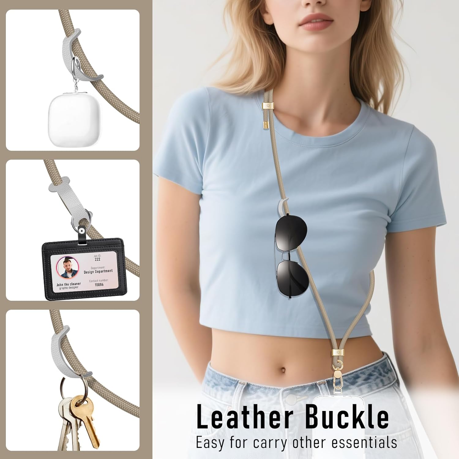 UKON Cell Phone Lanyard,Crossbody Lanyard and Wrist Strap Premium Metal Buckle Phone Charms with 2 X Strap Patch Compatible with All Smartphone(Khaki) - Image 5