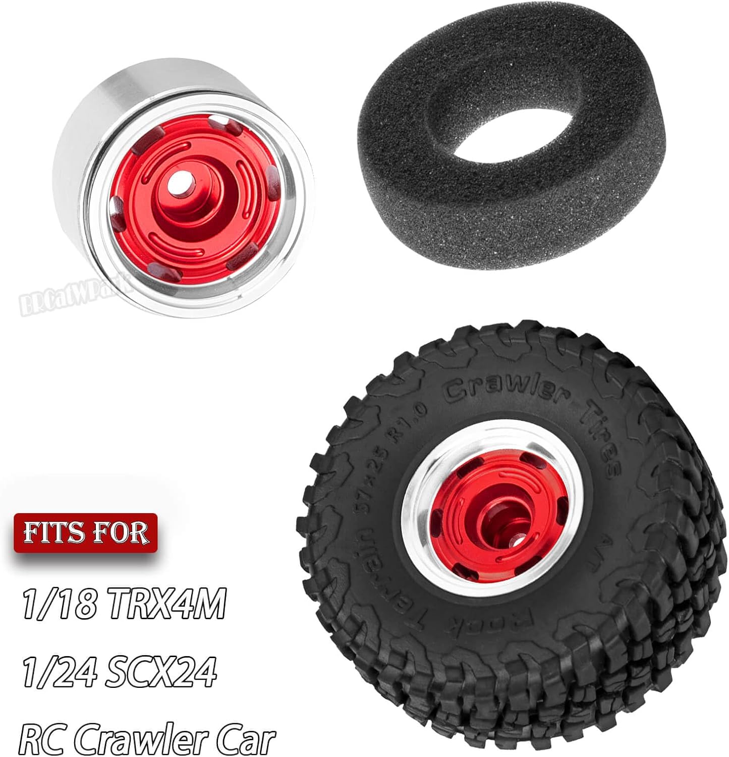 RC 1.0 Wheels and Tires for 1/18 TRX4M,1/24 SCX24 RC Crawler Car,RC Aluminum Wheel Rims & Rubber Tires w/Foam Inserts,RC 1.0 Off Road Buggy Rally Wheels and Tires,Red