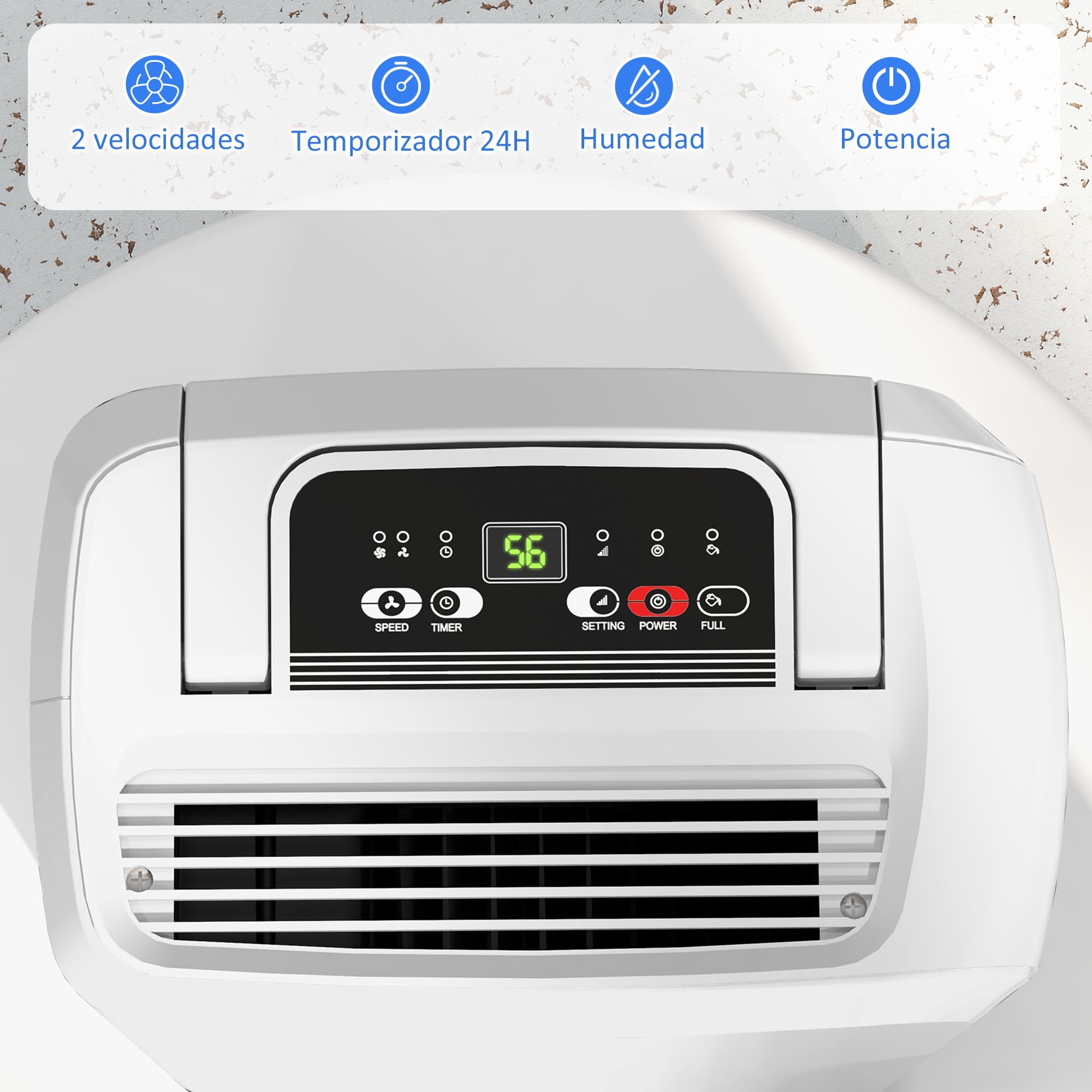 HOMCOM Deshumidificador Eléctrico 12L/día Silencioso 13-18m² Asa Blanco | con Ruedas, Temporizador de 24 Horas, Pantalla Digital de Humedad, para Dormitorio