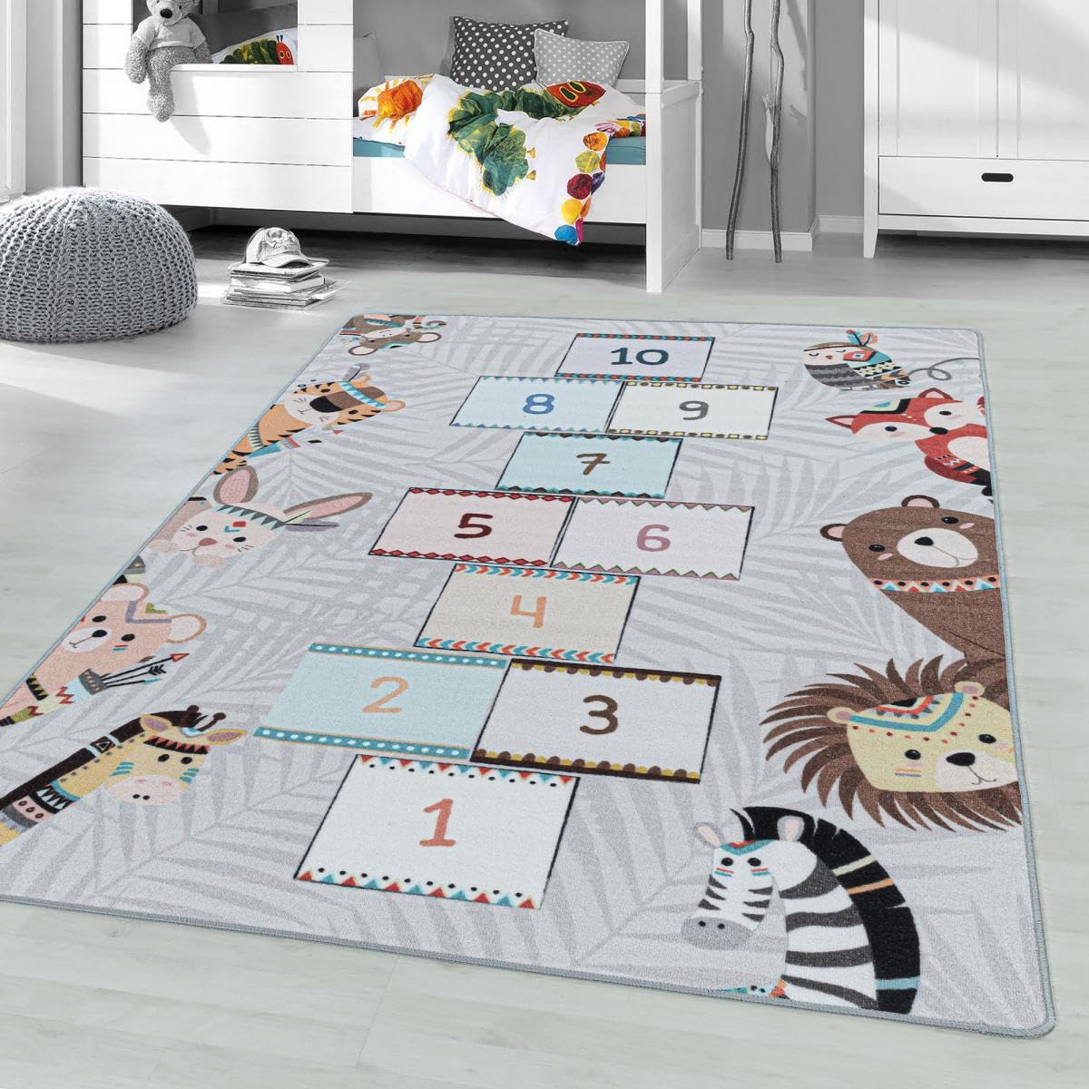 Tapis Enfant, 100 X 150 Cm, Motif Marelle Animaux Illustrés, Gris, Marron, Lavable 30 °C, Poils Ras Tissé, pour Chambre, 11434