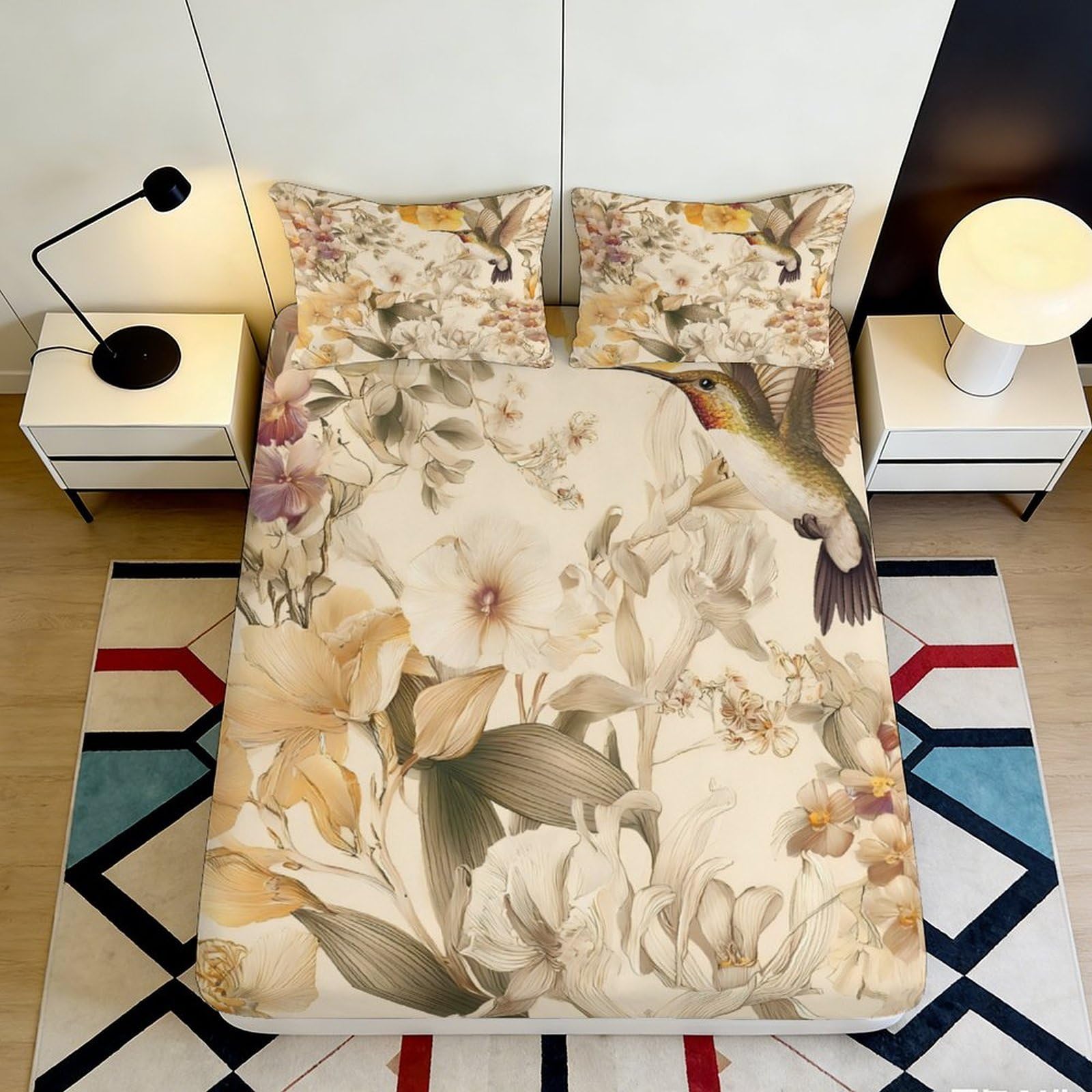 3D Printed Hummingbird Floral Fitted Sheet Microfiber Soft Beige Botanical Bed Cover for Bedroom Guest Room Mattress Protection 90x200x25cm