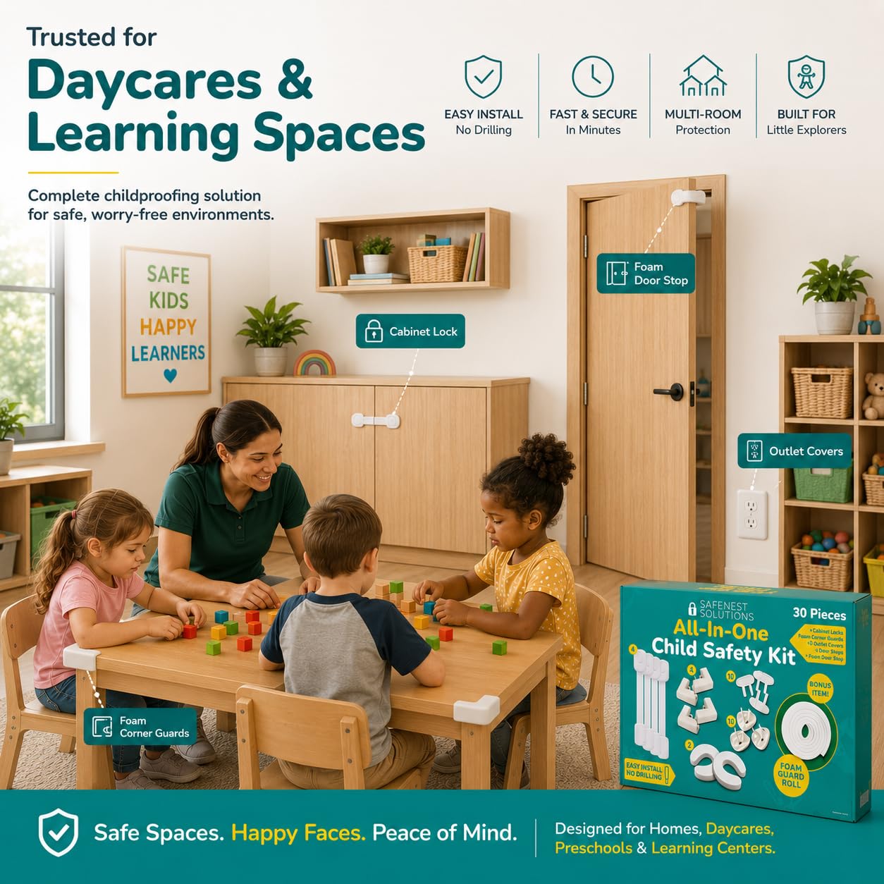 SafeNest Child Proofing Essentials for Home & Daycare, All-in-One Baby Safety Kit, No Drilling Easy Install, Cabinet Locks, Drawer Locks, Outlet Covers, Corner Guards & Door Stops