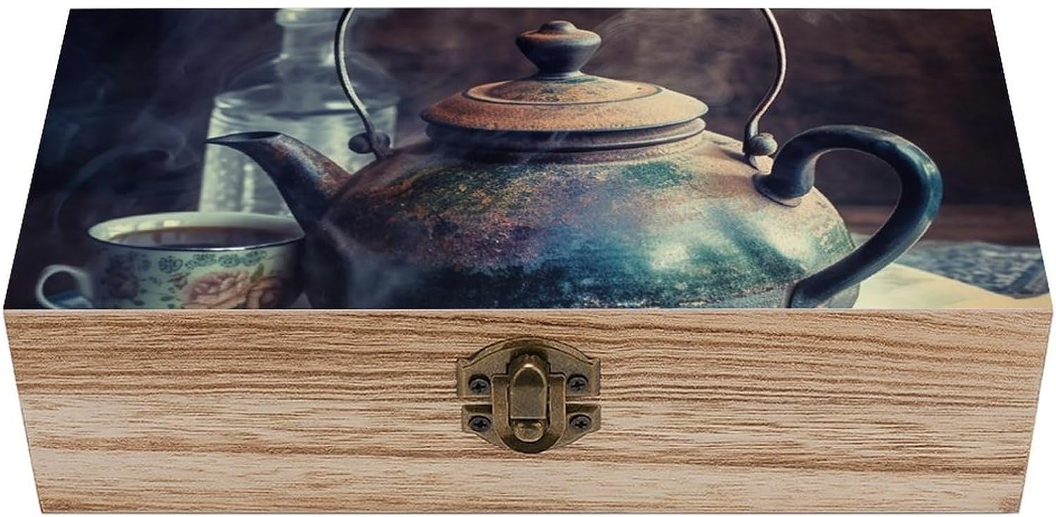 Old Fashioned Teapot Wooden Keepsake Box with Hinged Lid Wood Box