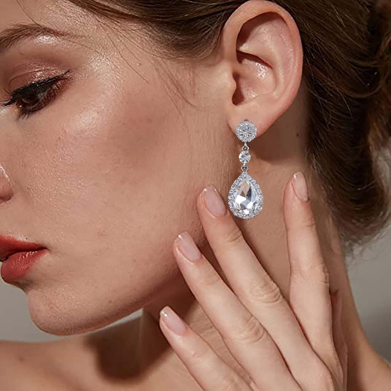 Vintage Teardrop Crystal Drop Earrings Rhinestone Stud Earrings Sparkly Rhinestone Dangle Earrings Silver Cz Wedding Bridal Earrings Jewelry for Women and Girls (Silver) - Image 7