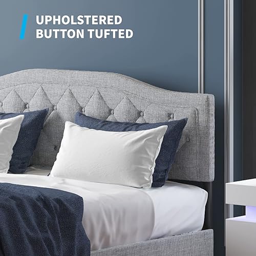 Miniatura 3 de Mjkone Base de cama tamaño King con cabecera ajustable, marco de cama tapizado con diseño capitoné con botones, no necesita somier, base de cama