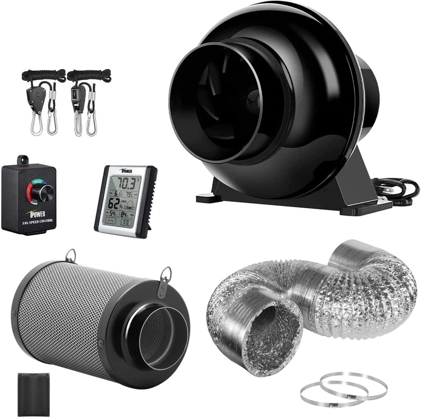 iPower 4 Inch 195 CFM Inline Fan, Upgrade Air Carbon Filter, 8 Feet Ducting Speed Controller Rope Hanger and Temperature Humidity Monitor Kits, 4', Grow Tent Ventilation