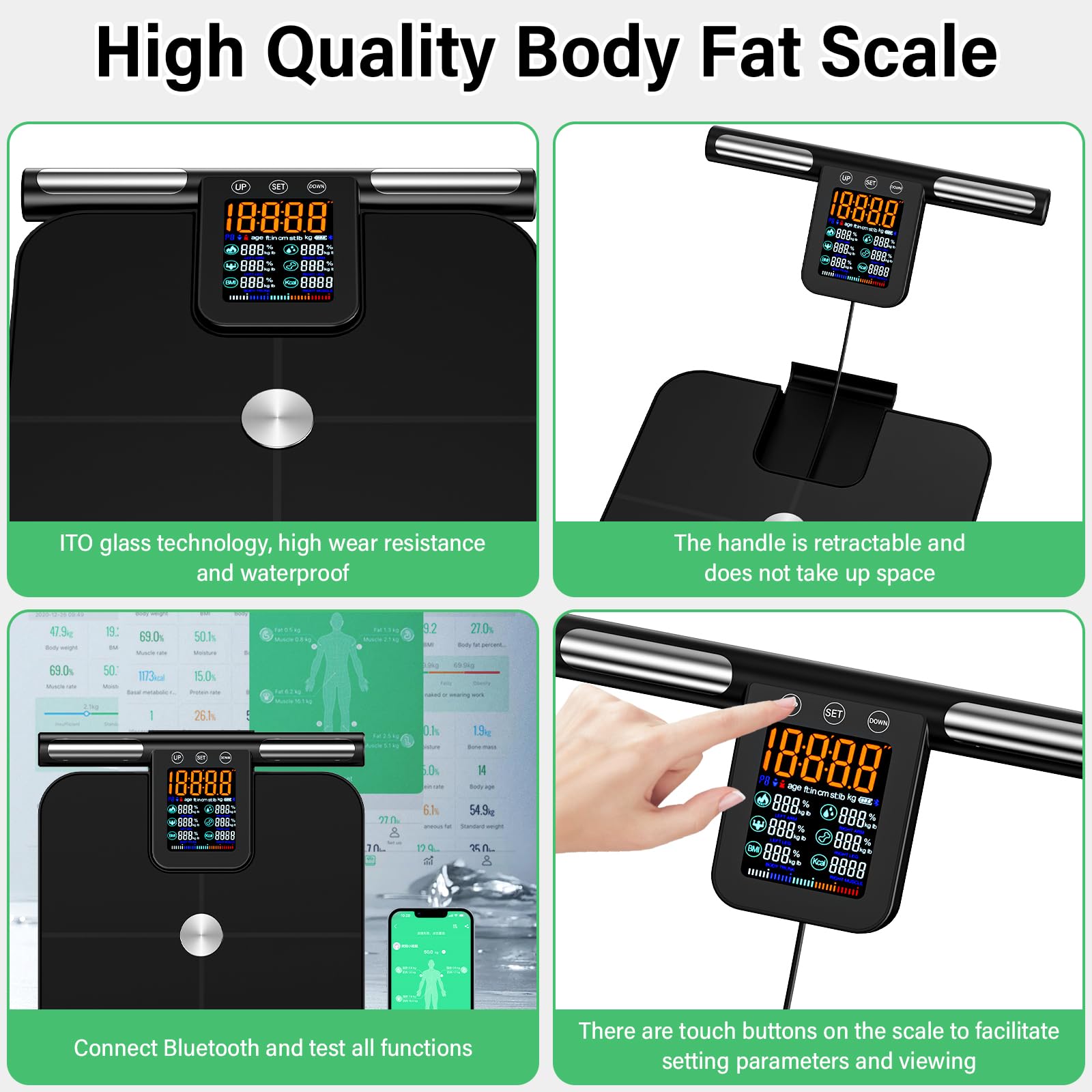 Bilancia Pesapersone Digitale Professionale 8 Elettrodi, Bilancia di Precisione Con Display LCD ad Alta Definizione e Maniglia Retrattile, Con APP Puoi Misurare 32 Metriche Corporee