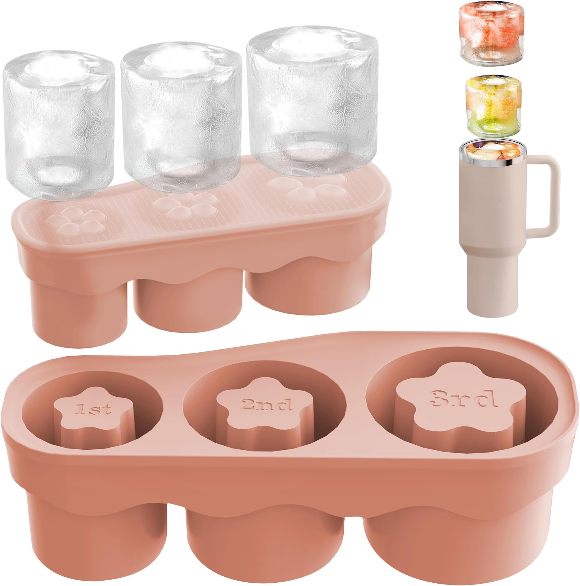 Ice Cube Tray for Tumbler Cup 20-40 Oz, 3 Sizes Silicone Cylinder Ice Mold with Lid for Freezer, Easy Fill and Release Ice Cube Maker for Drinks, Coffee, Whiskey, Cocktail (Pink)
