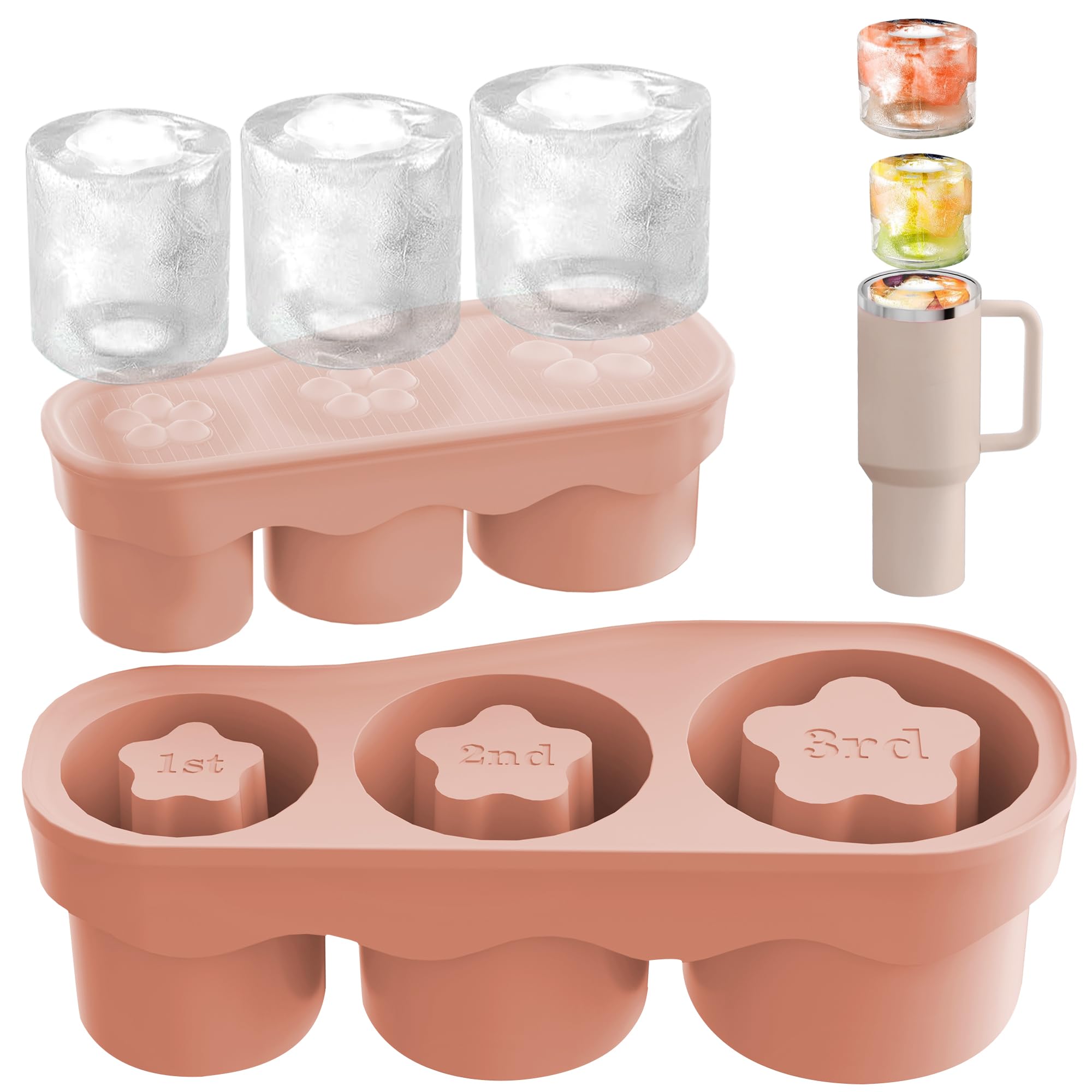 Ice Cube Tray for Tumbler Cup 20-40 Oz, 3 Sizes Silicone Cylinder Ice Mold with Lid for Freezer, Easy Fill and Release Ice Cube Maker for Drinks, Coffee, Whiskey, Cocktail (Pink)