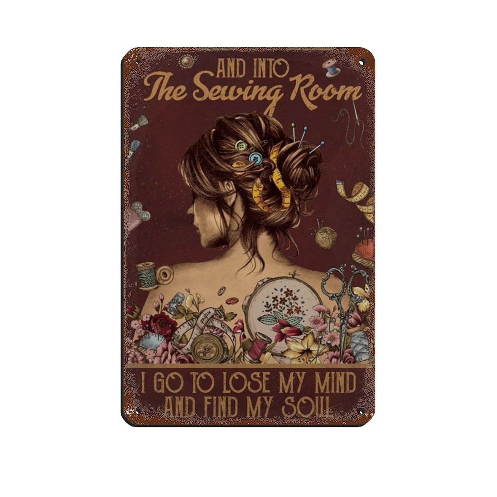 Girl Sewing Poster Tin Sign Vintage Metal Pub Club Cafe Bar Home Wall Art Decoration Poster Retro 8x12inch(20x30cm)