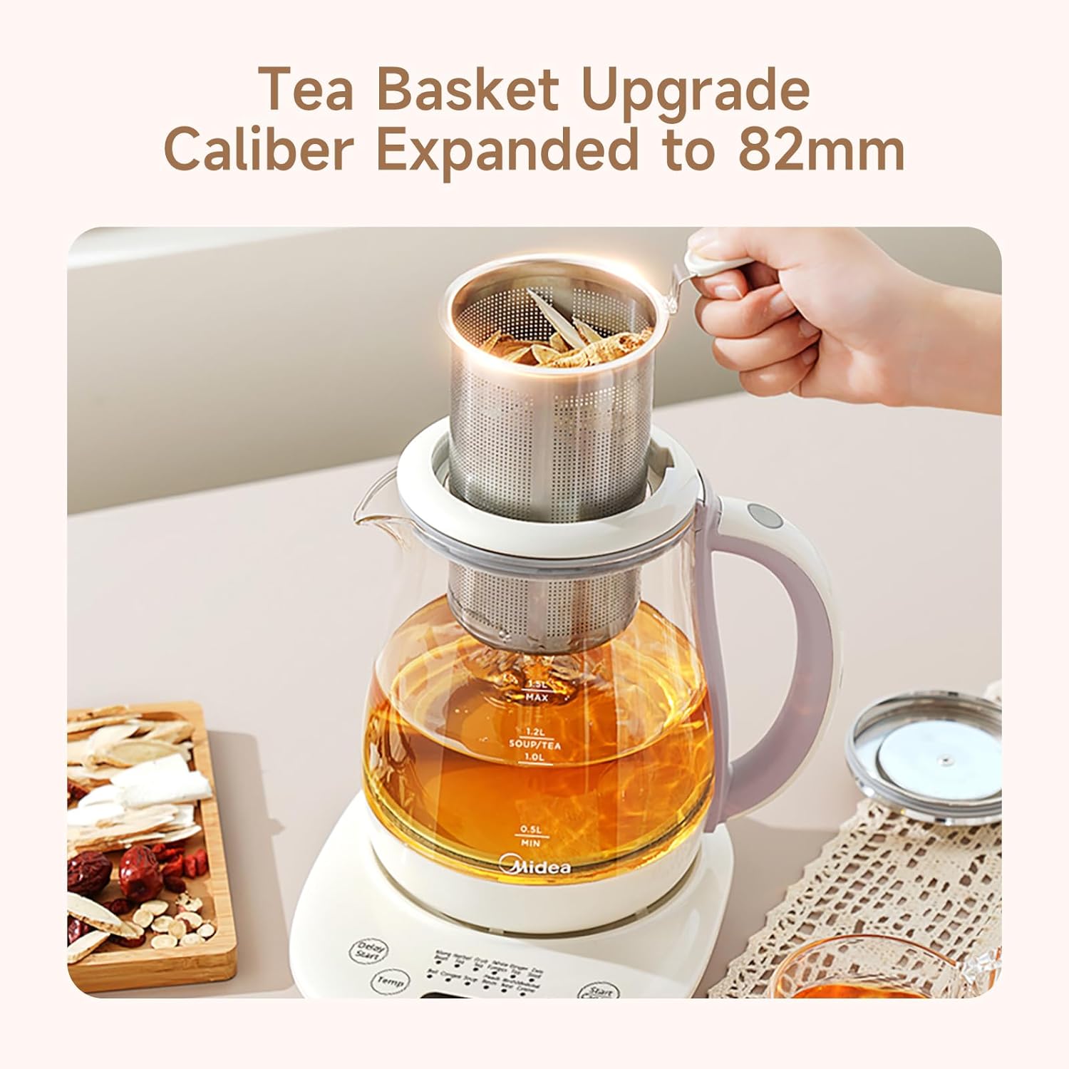 Midea MKH15180CGA Electric Kettle, 1.5L Health Pot with Large Tea Basket, Stainless Steel & Glass Kettle, 12 Programs, 800W, Light Apricot
