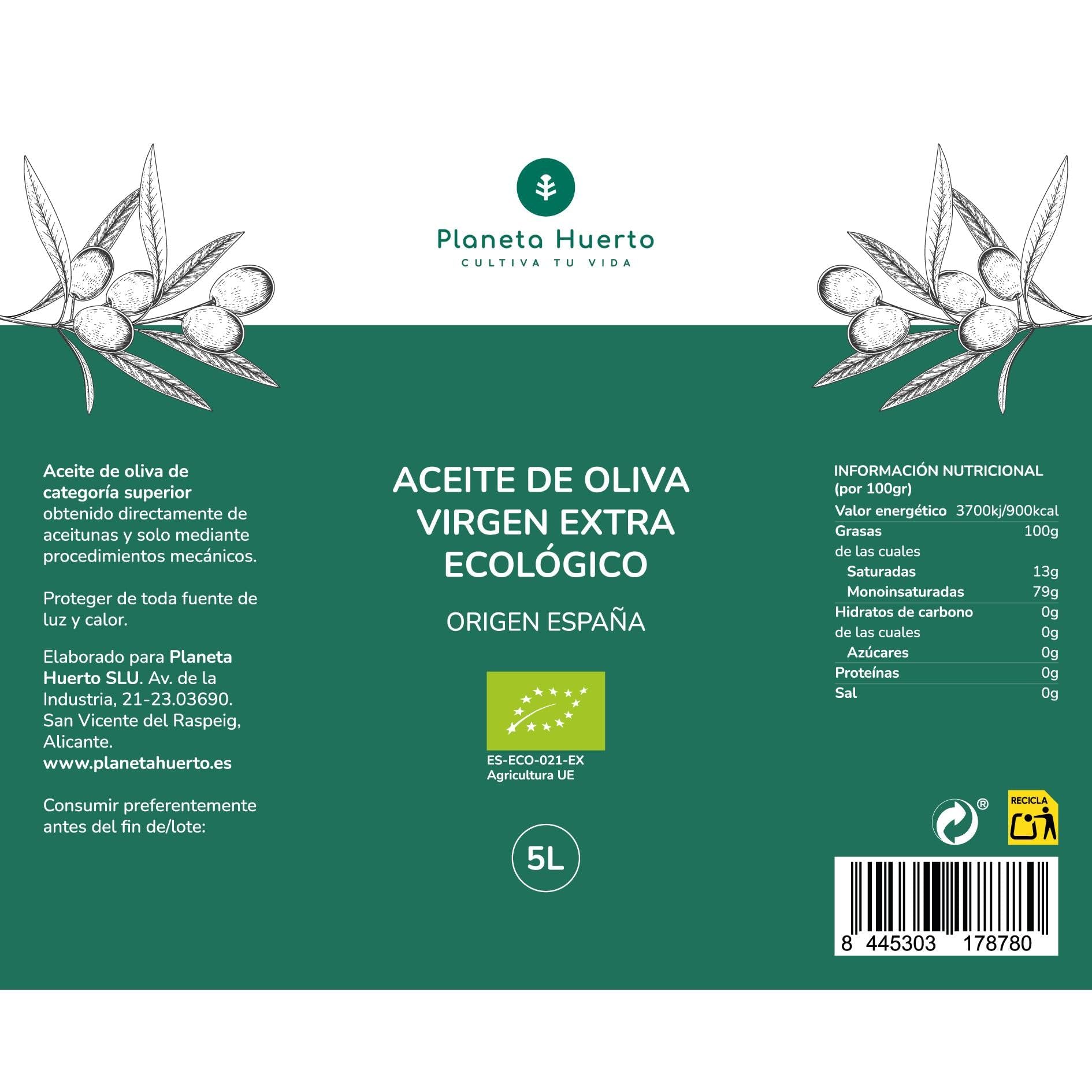 PLANETA HUERTO | Pack 3x Aceite de Oliva Virgen Extra ECO 5L, Máxima Calidad y Sabor Auténtico