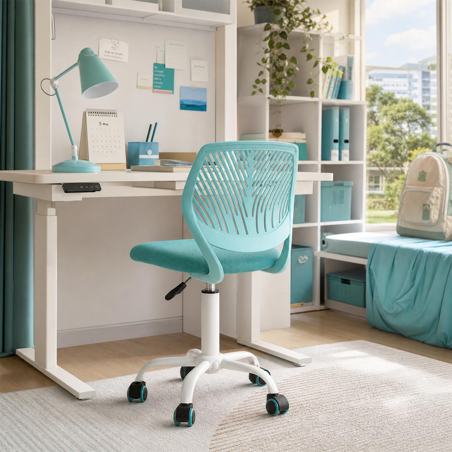 Meuble Cosy Ergonomiczne krzesło biurowe, obrotowe siedzisko z regulacją wysokości, krzesło komputerowe bez podłokietników, do telepracy, nauki i sypialni, turkusowe