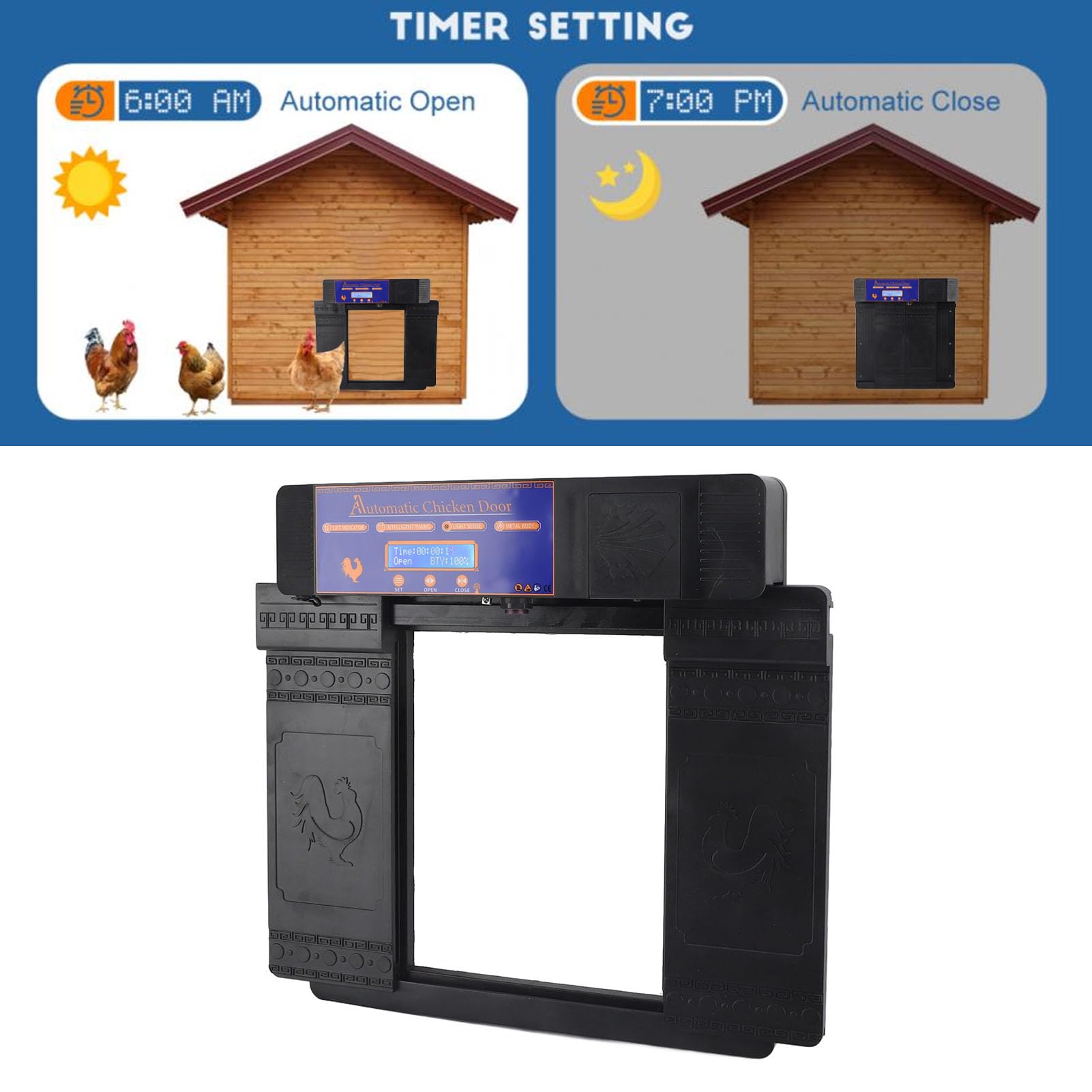 Porta Automatica per pollaio, sensore di Luce per Porta Automatica per pollaio, Doppia Porta, apriporta Anti pizzicamento, con Timer, Schermo LCD, avviso di Batteria scarica (Nero)
