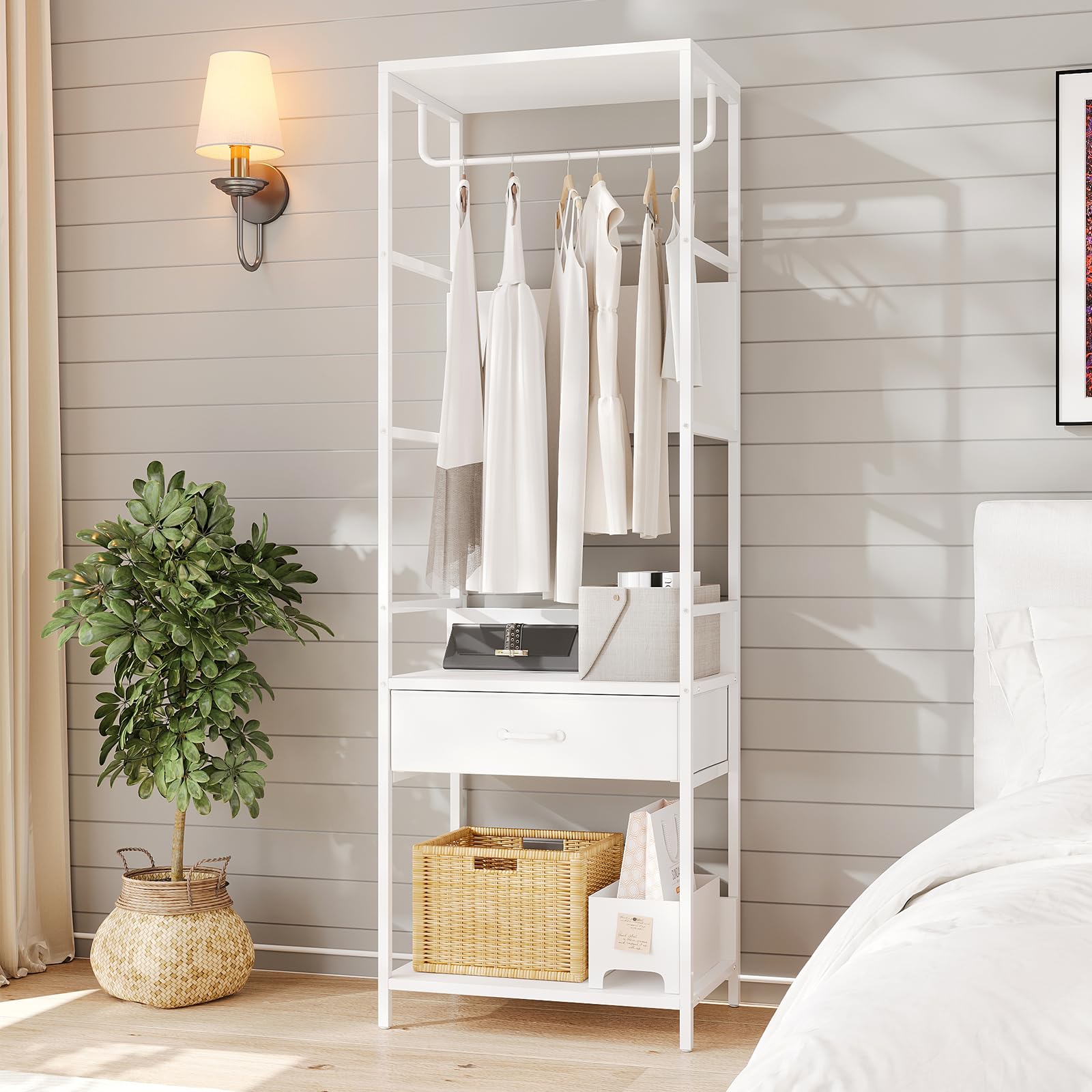 VOWNER Appendiabiti da Terra, Mobile Ingresso con Panca, 4 in 1, Attaccapanni con Barra e Cassetti, Stand Appendiabiti in Acciaio Inox, Mobile Ingresso Multifunzionale con Scarpiera, 60x180x40cm