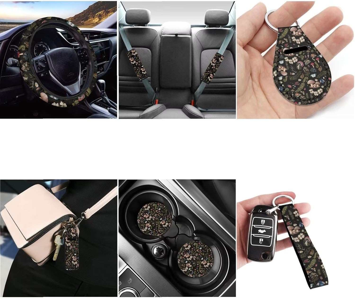 Butterfly Mushroom Car Seat Cover Full Set for Front Back,Seatbelt+KeychainsMushrooms Car Coaster15Inch Car Steering Wheel Cover,12PCS Hippie Mushroom Car Accessory Set for Women Men image 2
