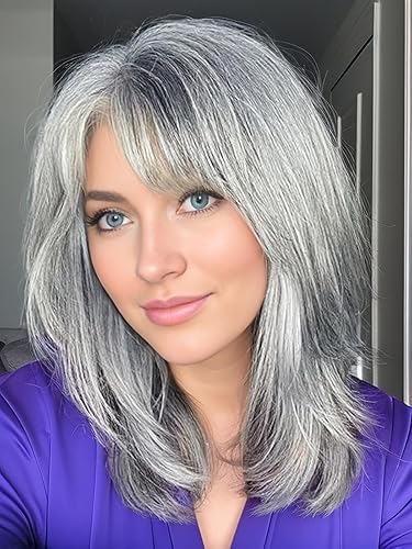 TISHINING Grey Wigs for White Women Medium Length Layered Silver