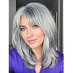 TISHINING Grey Wigs for White Women Medium Length Layered Silver Gray Wavy Wig with Bangs Natural Looking Heat Synthetic Side Part Salt and Pepper Wigs for Women