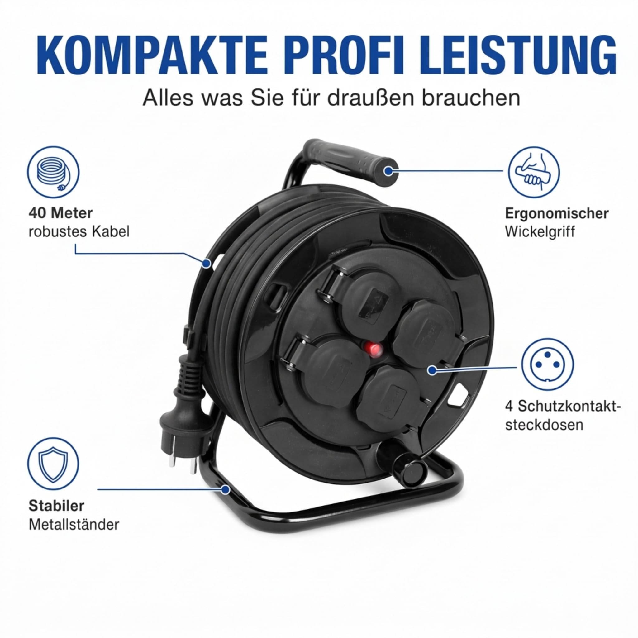 LEX Profi Kabeltrommel 40m IP44 - Outdoor Verlängerungskabel, 4 Steckdosen | Spritzwassergeschütztes 3 x 1,5 mm Stromkabel, robuster Metallständer mit Haltegriff & drehbare Kurbel für leichtes Aufrollen