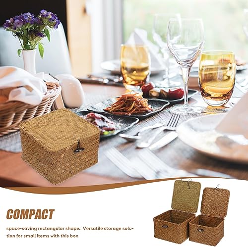 Miniatura 7 de Yardwe Cesta de papel higiénico, cestas de almacenamiento de pastos marinos con tapa, 2 cubos de mimbre tejidos a mano, cajas organizadoras