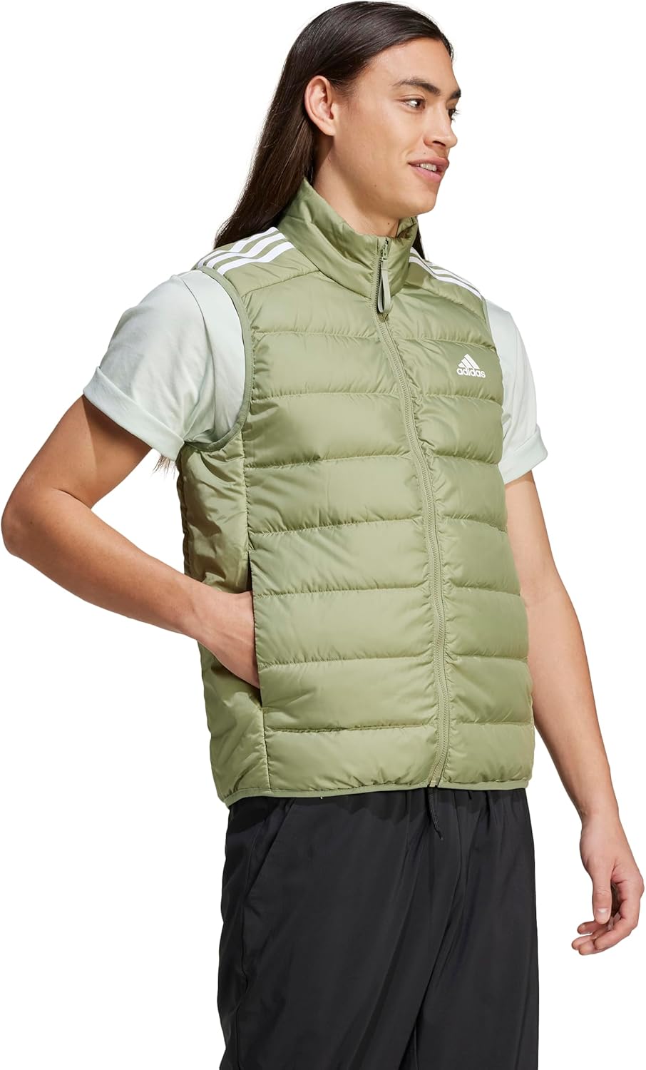 adidas Men's Essentials 3-Stripes Light Down Vest, Tent Green, Small - Image 3