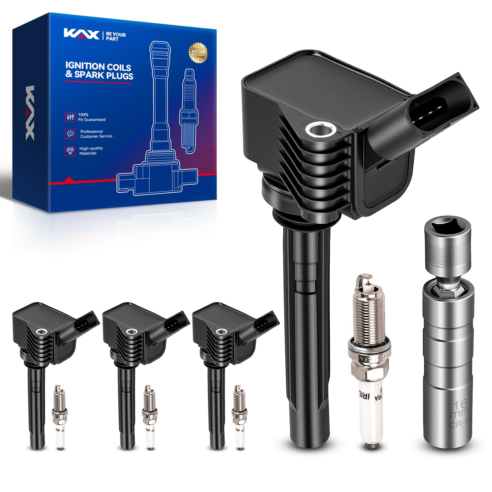 KAX 4 Ignition Coils &amp; 4 Spark Plugs Set for Q5, Jetta, Passat, Golf, GTI