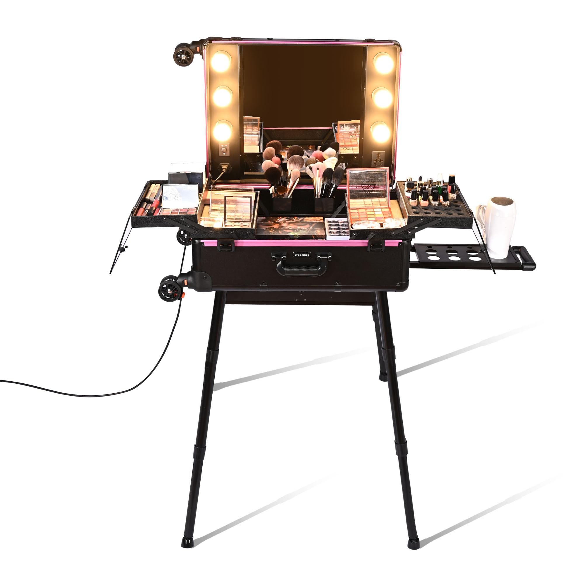 BYOOTIQUE Rolling Makeup Case with LED Lighted Mirror 26 inch Extra Large Cosmetic Organizer Storage Trolley Case with Extendable Tray Adjustable Leg For Makeup Artist Studio Travel Salon