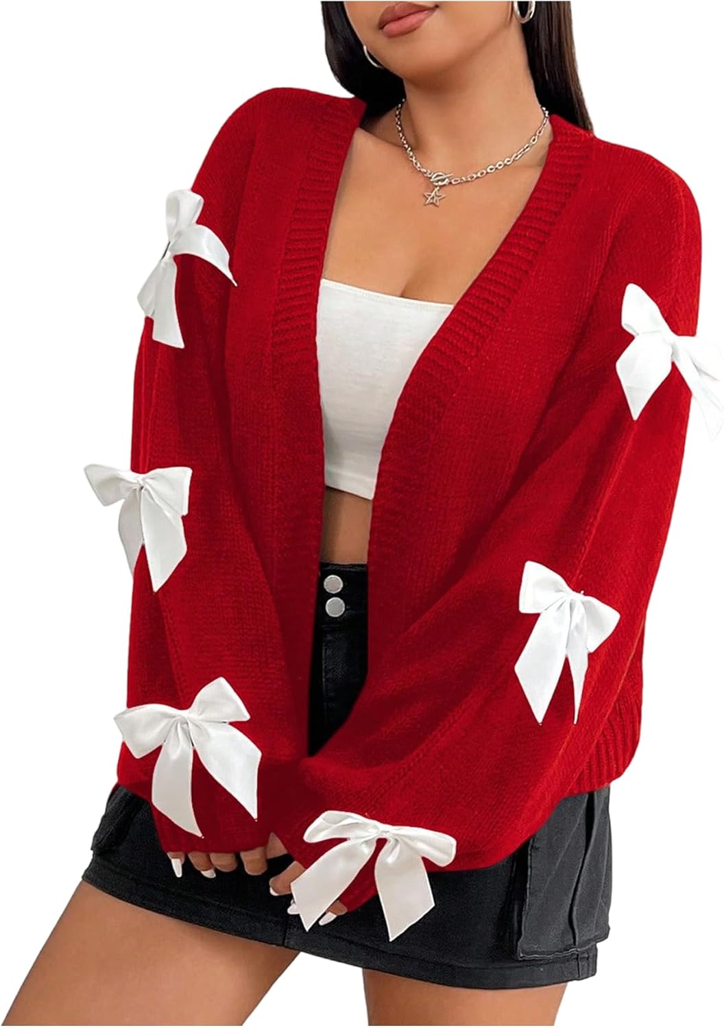 Women's Plus Size Bow Cardigan Sweater Open Front Long Sleeve Drop Shoulder Sweaters Knitted Cardigan