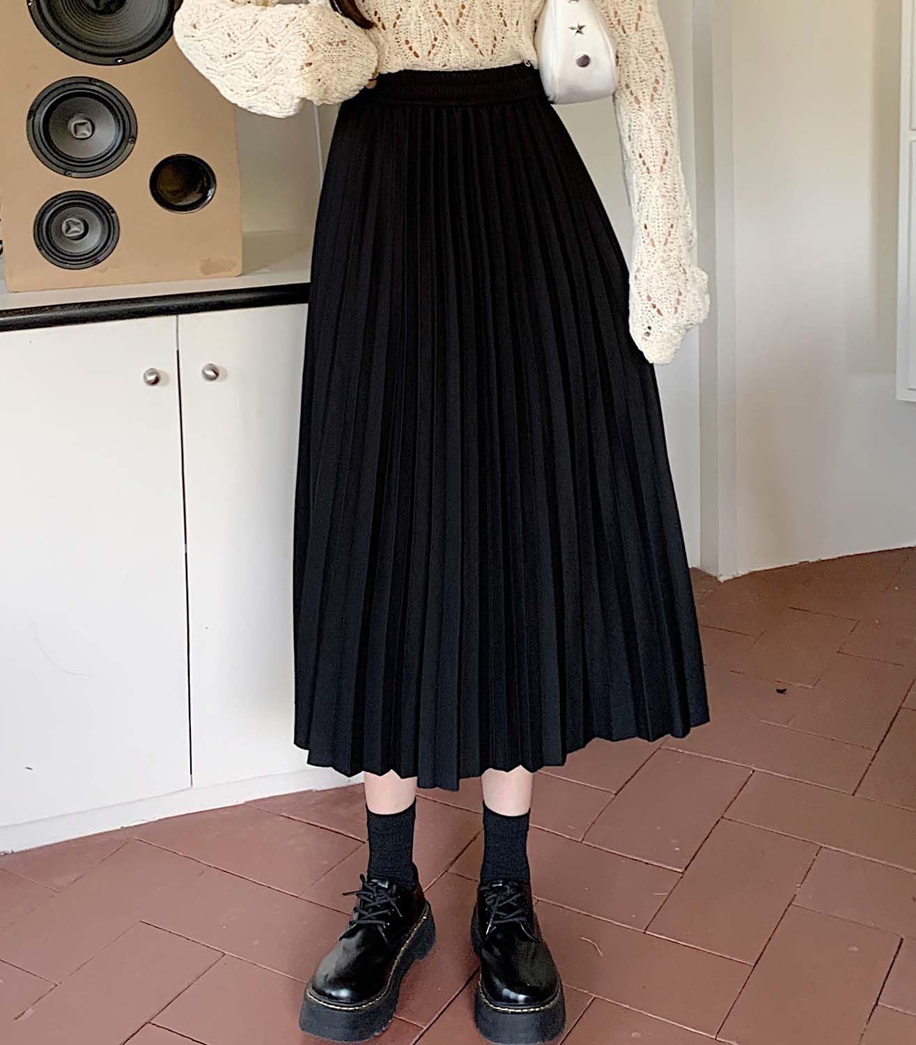 Jupe plissée midi pour femme - Taille haute - Élastique - Ligne A - Jupe longue pour femme - Automne Hiver - Tendance et décontractée