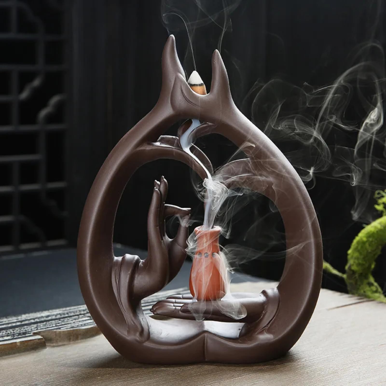 Vase main de Bouddha et brûleur encens argile violette pour déco maison