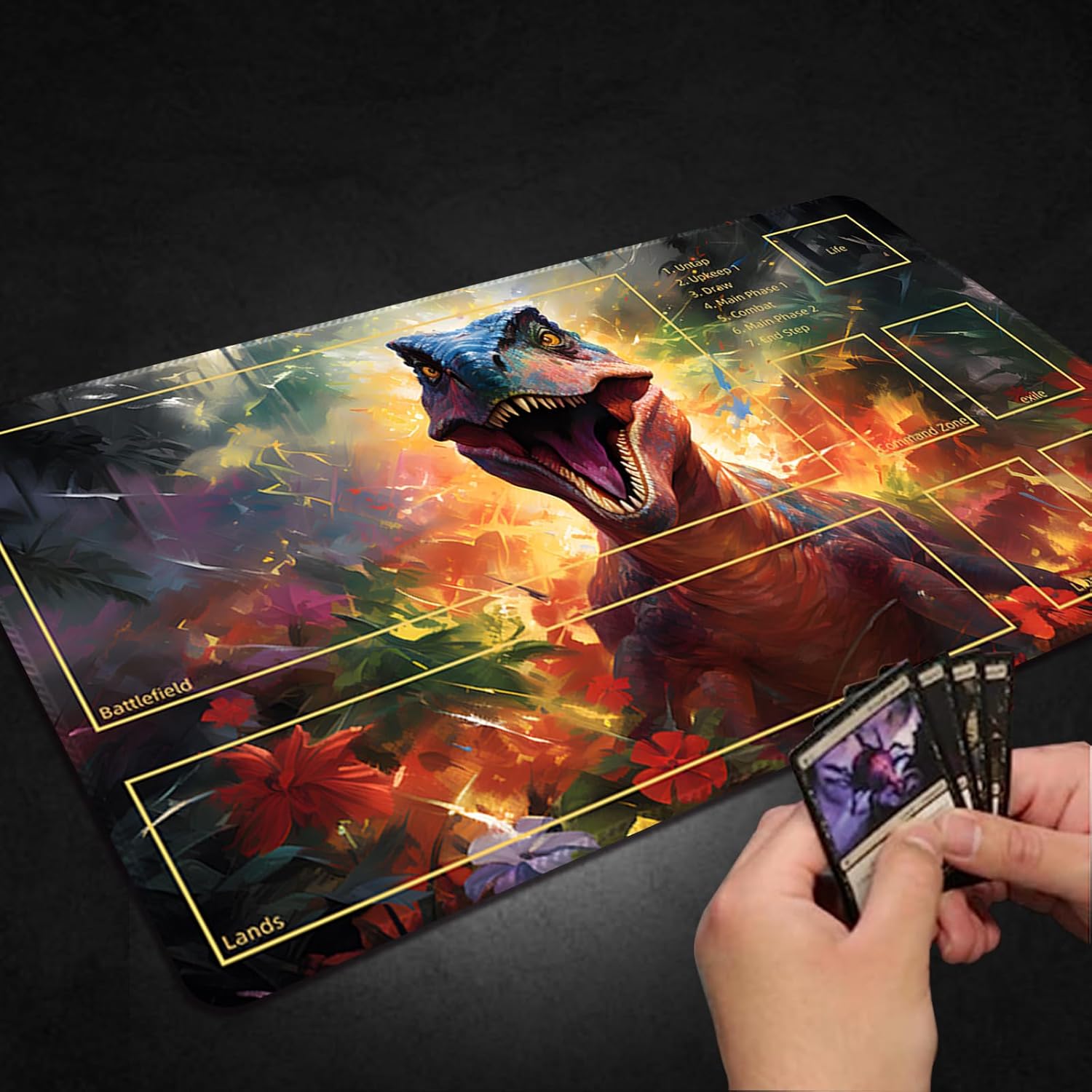 Playmat for MTG with Free Storage Bags, Game Mat 24 x 14 inches TCG and Board Game Mats for Cards (Dinosaur 5-Auxiliary Combat)