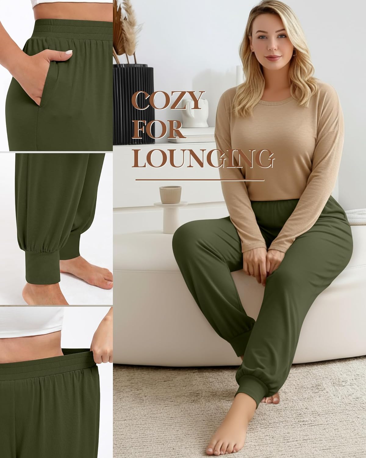 3 Pack Women's Plus Size Yoga Joggers, Comfy High Waisted Lounge Pants Loose Casual Sweatpants Pajama with Pockets - Image 4