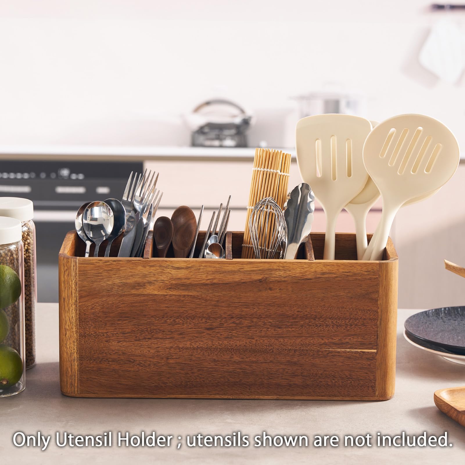 40,6 cm großer Küchenutensilienhalter aus Holz, extra großer Organizer aus Akazienholz, für Kochutensilien, Utensilien und Besteckaufbewahrung – 4-Fächer-Arbeitsplattenhalter