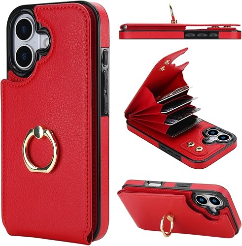 Miniatura 9 de Folosu Funda Cartera compatible con iPhone 17 con tarjetero, rotación de 360°, soporte de anillo de dedo con función atril, bloqueo RFID, de piel
