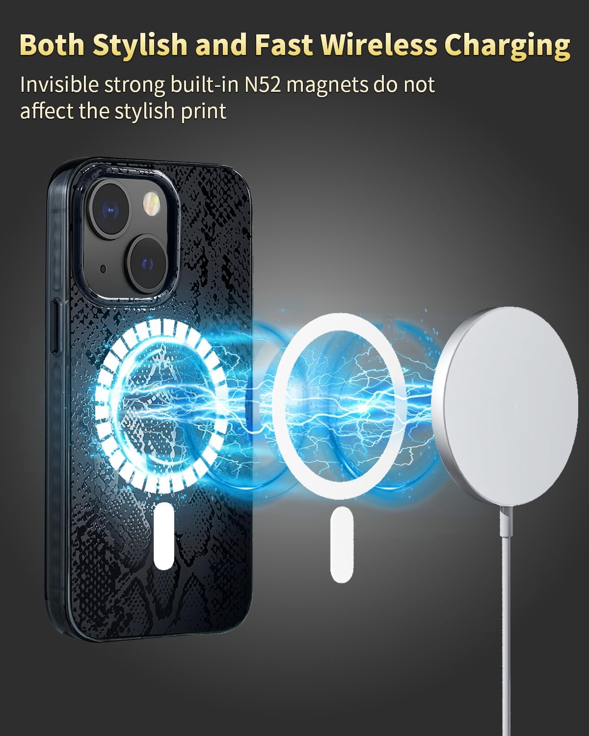 SCORPIFY for iPhone 15 Plus Case [Compatible with MagSafe] with Matte Black Snake Print Design, Cute Magnetic Phone Cover for Women Girls and Men, Slim Shockproof Bumper