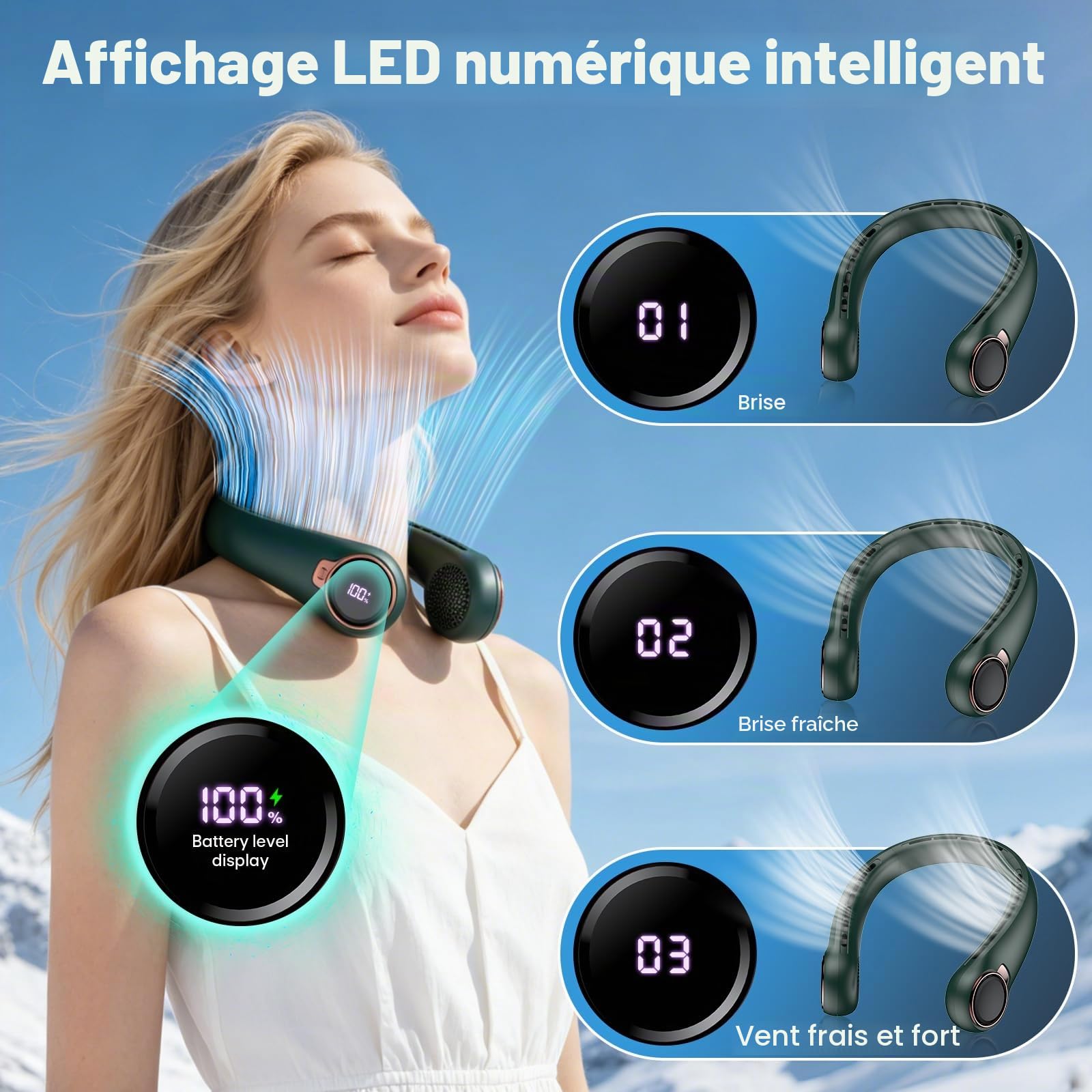 ACELIFE Ventilateur de Cou Portable Silencieux 6000mAh Ultra Léger Sans Pales avec Affichage LED, Refroidissement 360°, Ventilateur USB Rechargeable, 3 Vitesses Noir