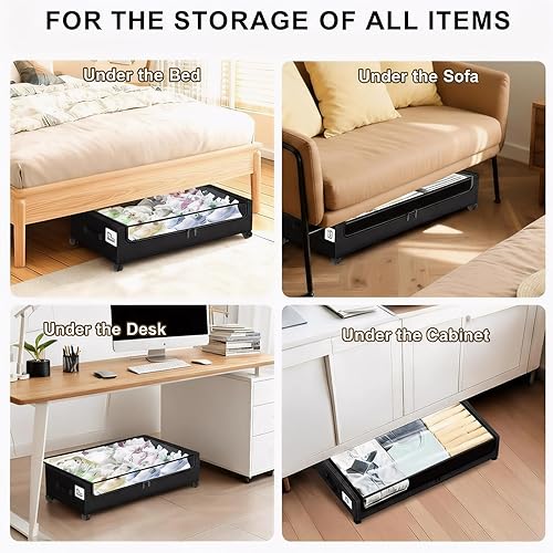 Miniatura 7 de Almacenamiento debajo de la cama con ruedas, paquete de 2 contenedores de almacenamiento rodantes con asas gruesas, ventana transparente y etiqueta,