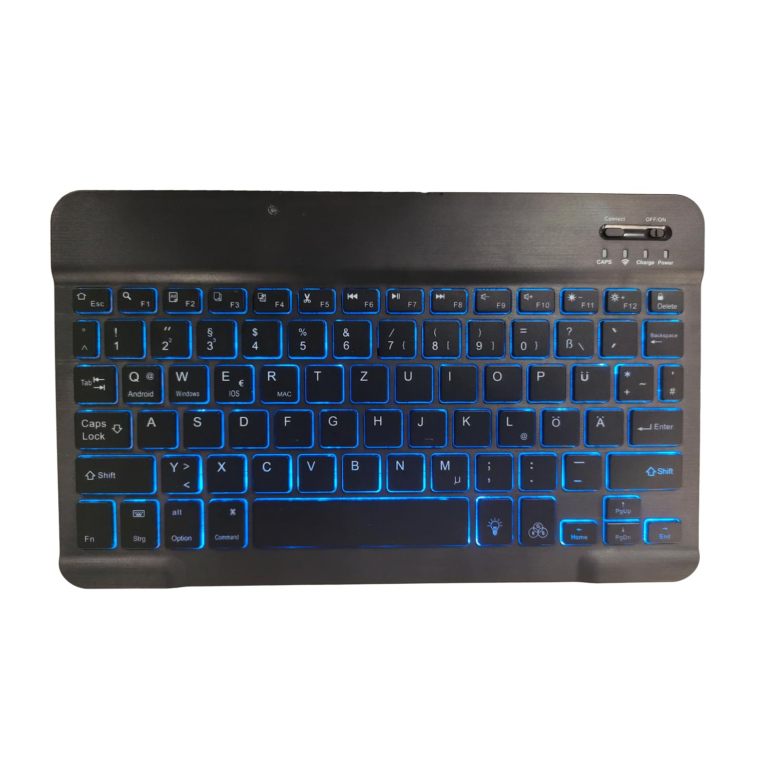 TECKNET TK-KB043 Bluetooth Keyboard with German layout and blue backlighting.