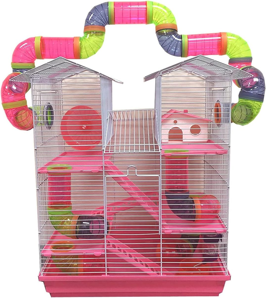 Pink Large Twin Tower Habitat Hamster Rodent Gerbil Mouse Mice Rat Wire Animal Cage Long Crossing Tube