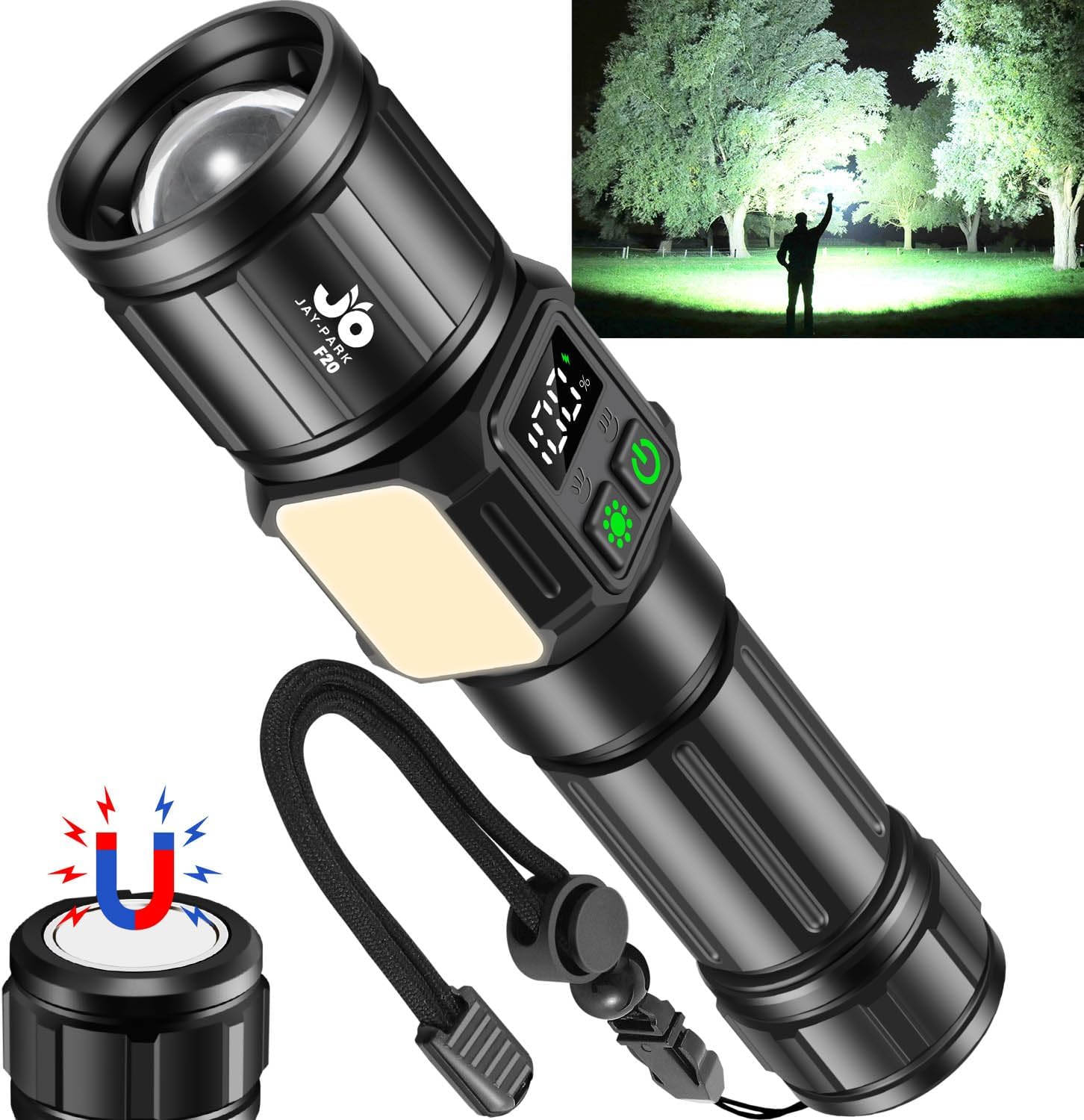 JAY-PARK Flashlights High Lumens, Rechargeable Flashlight 100000 Lumens with Magnetic, Bright Flash Light 9 Modes with 5000 mAh Battery, Tactical Flashlight for Camping, Hiking, Dog Walking - Image 9
