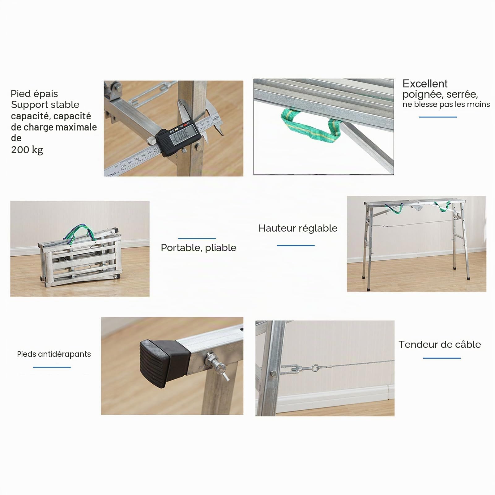 Ausla Plateforme de travail pliable réglable, structure en aluminium, banc d'échelle, pour cloisons sèches, capacité de maximale 200 kg, hauteur réglable 60 à 90 cm,