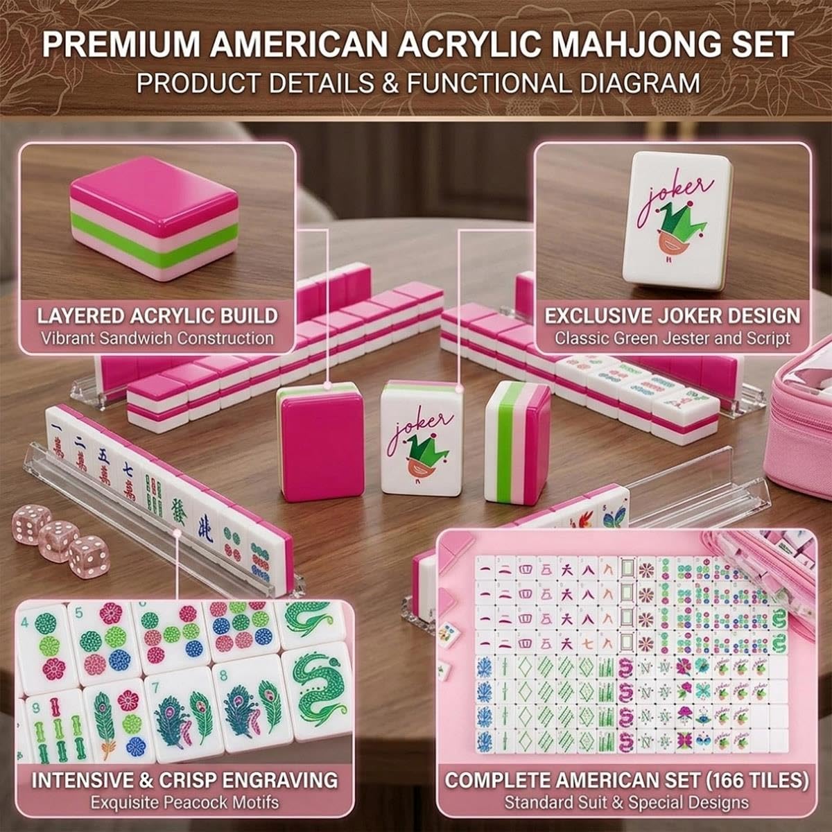 Juego de Mahjong Americano 160 Fichas de Acrílico Grabadas con Dados
